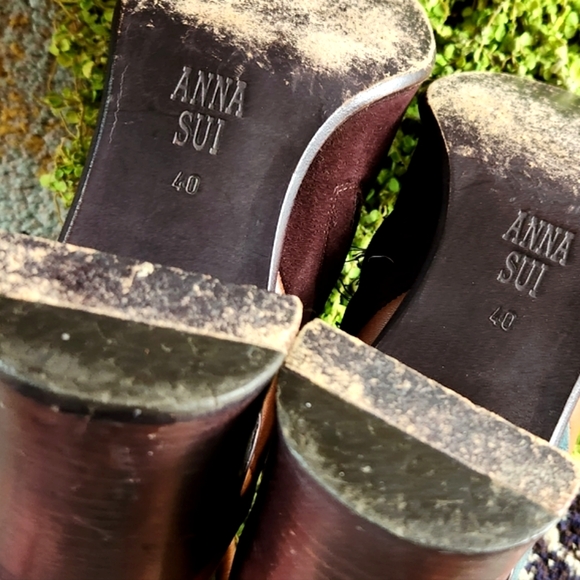 ANNA SUI RARE Patchwork  Leather Olive Brown Rust Teal Zip Heels Boots 40 - Picture 13 of 16